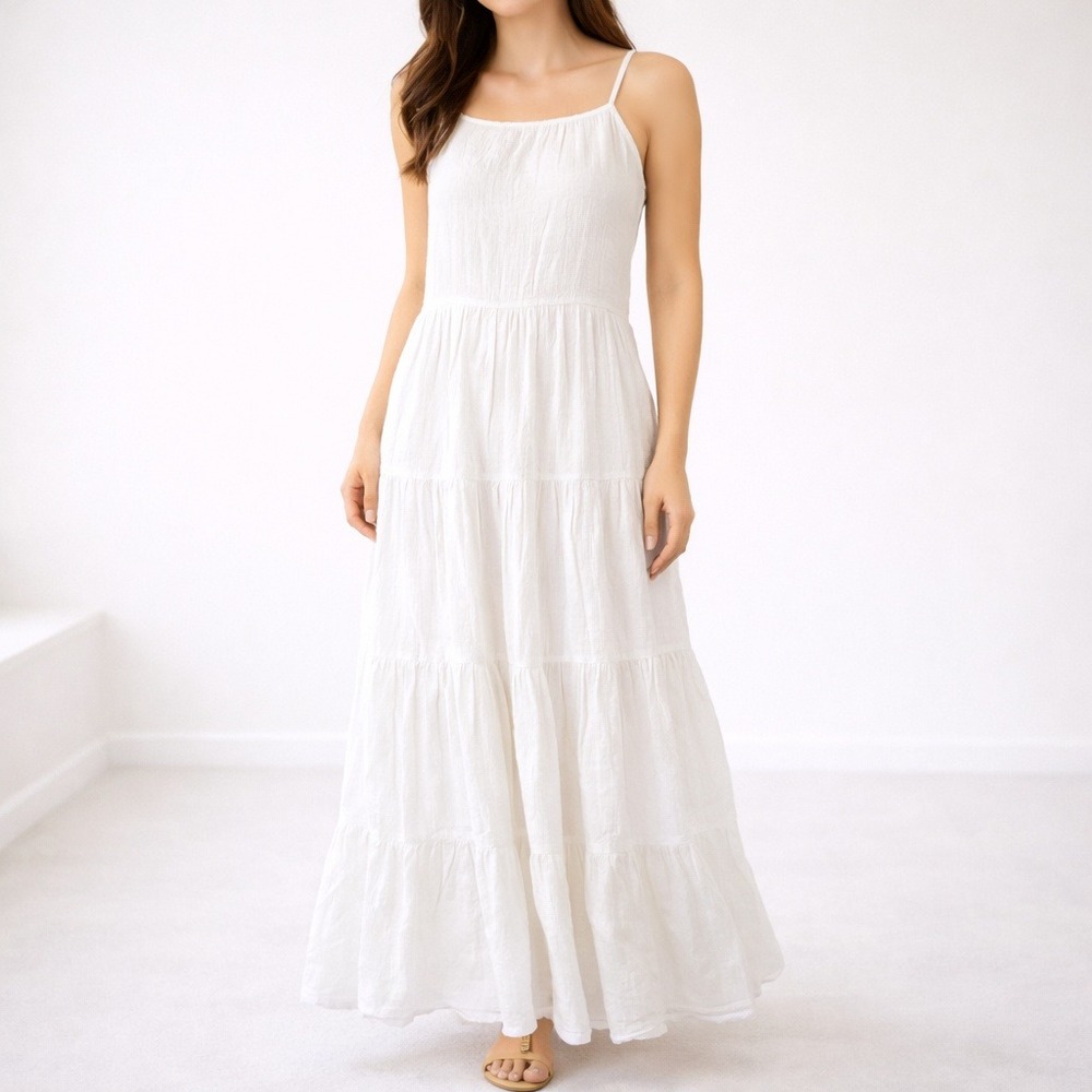 BB Dakota by Steve Madden White Tiered Gauze Maxi Dress – Spaghetti Strap Size S